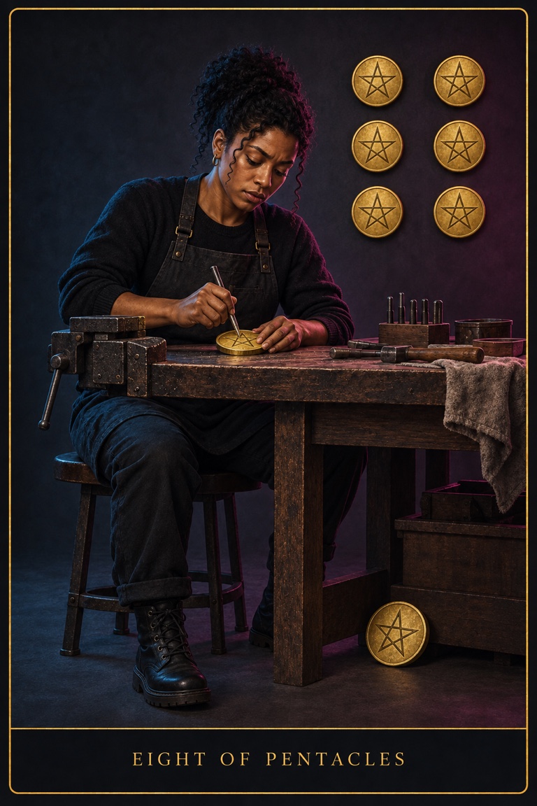 Eight of Pentacles tarot card from the Love by Koko deck