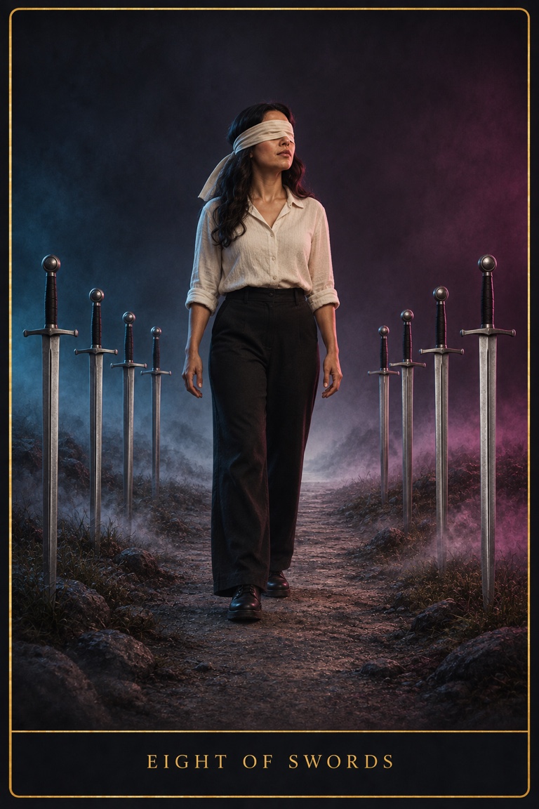 Eight of Swords tarot card from the Love by Koko deck