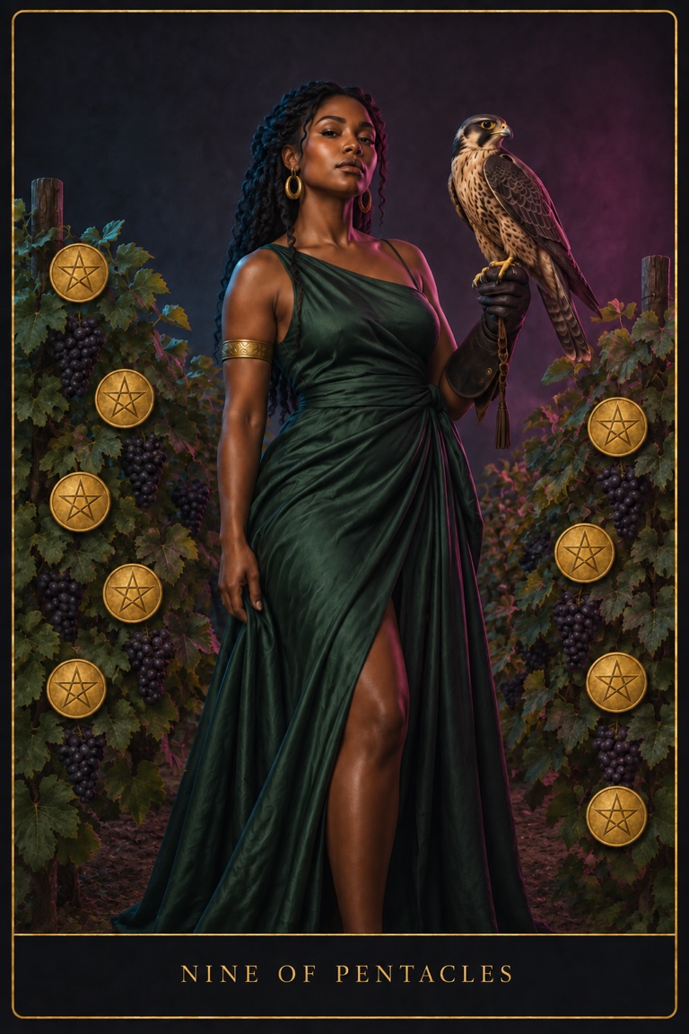 Nine of Pentacles tarot card from the Love by Koko deck