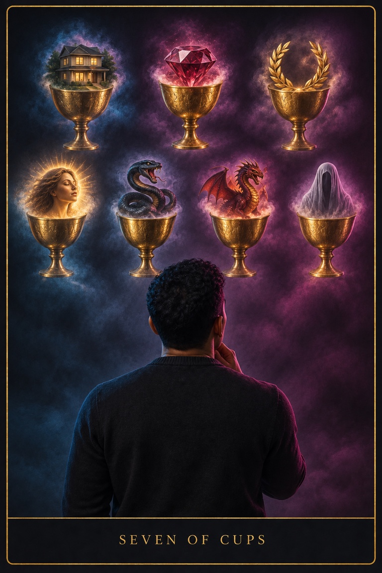 Seven of Cups tarot card from the Love by Koko deck