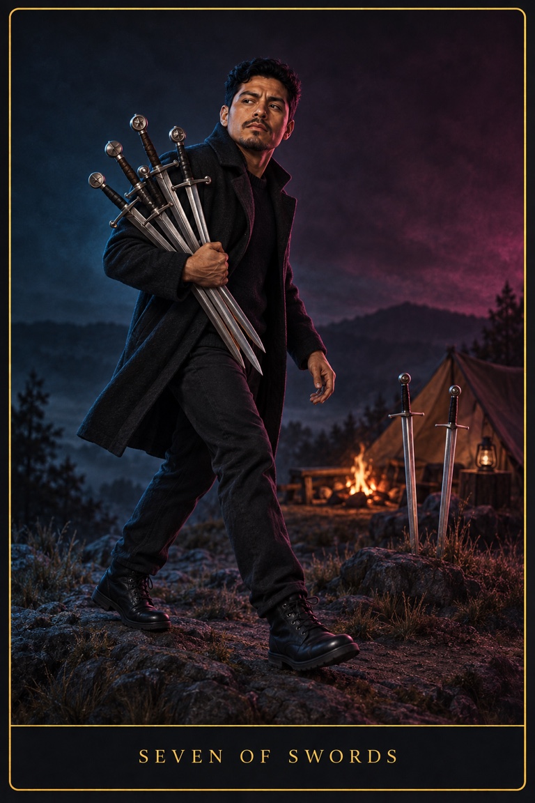 Seven of Swords tarot card from the Love by Koko deck
