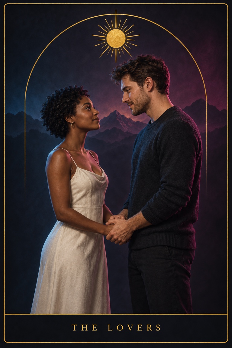 The Lovers tarot card: a couple holding hands beneath a golden sun
