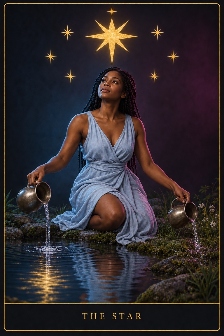 The Star tarot card: a woman pouring water beneath eight stars