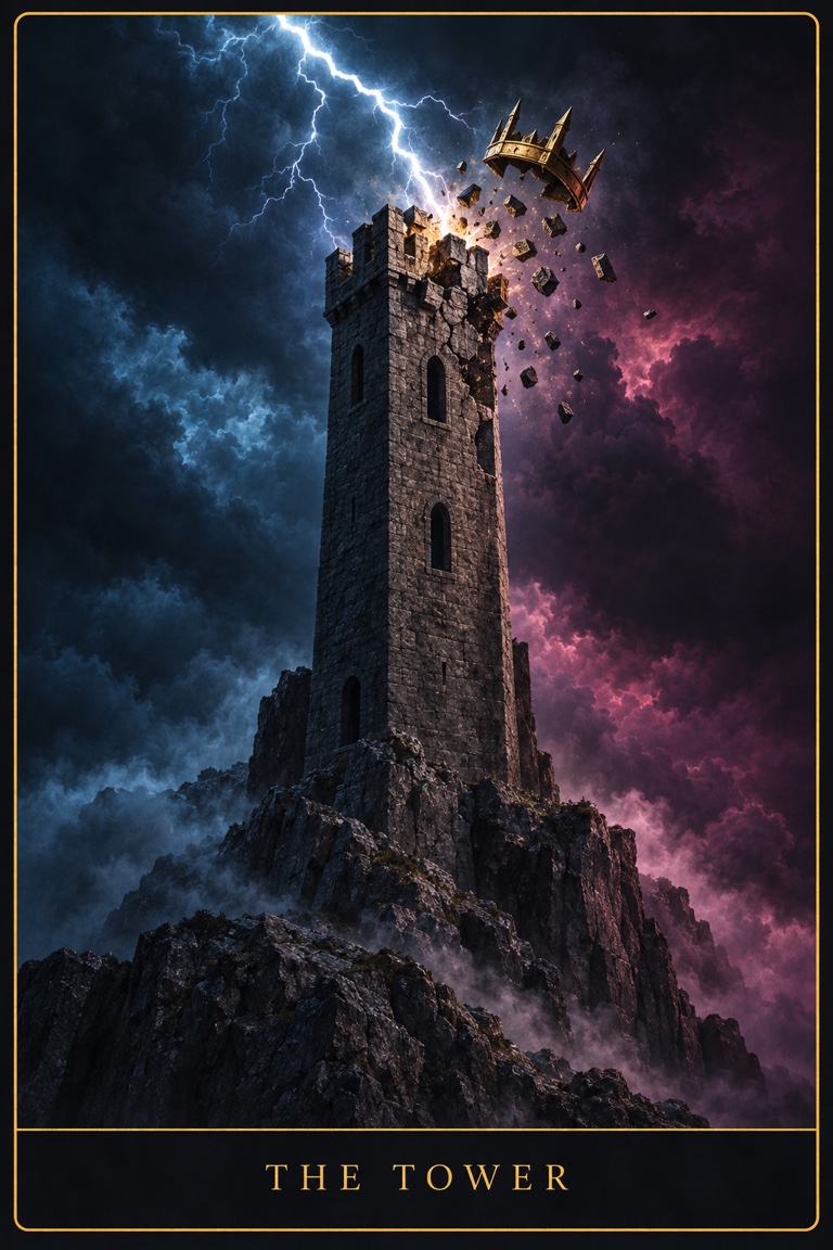 The Tower tarot card from the Love by Koko deck