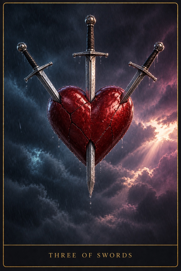 Three of Swords tarot card from the Love by Koko deck