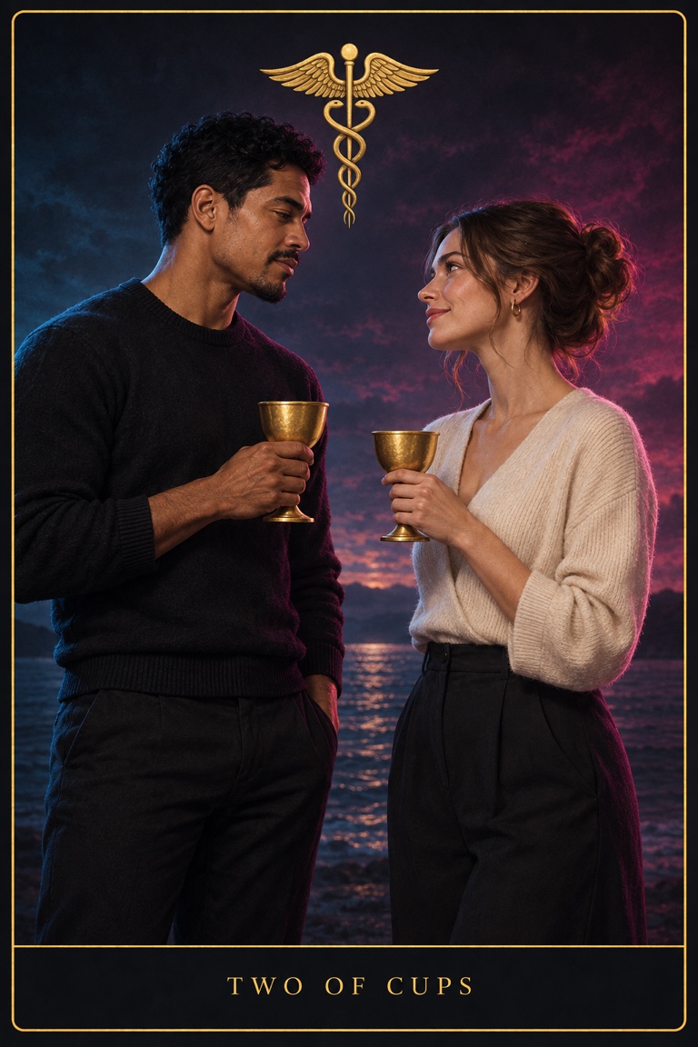 Two of Cups tarot card: two people facing each other, each holding a golden cup