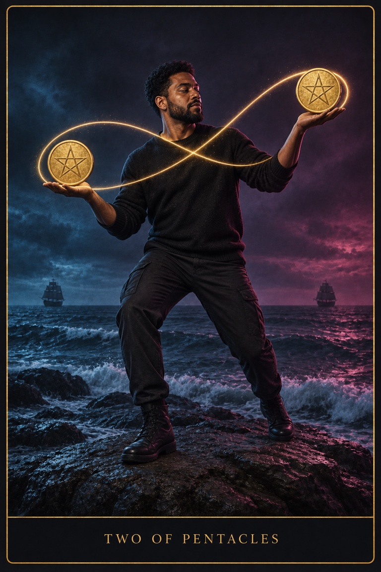 Two of Pentacles tarot card from the Love by Koko deck